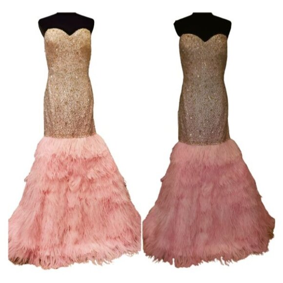 Evening Wedding Cocktail Runway Beaded Crystals Ostrich Feathers Couture Dress - Picture 11 of 16